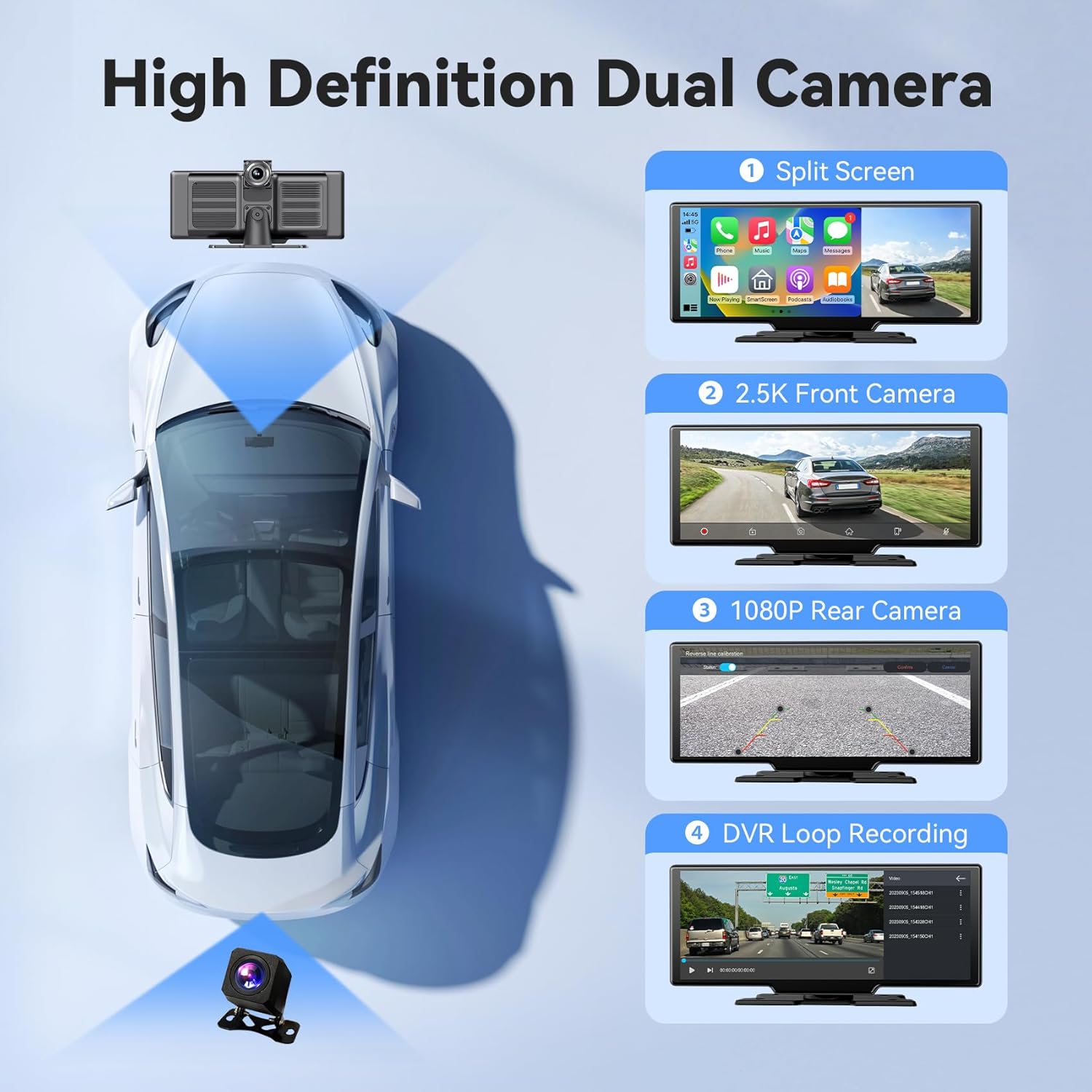 10.26" Portable Wireless Carplay/Auto Android Screen, 4K Dash Camera, GPS Navigation, AUX/FM (64GB SD Card) - Image 2