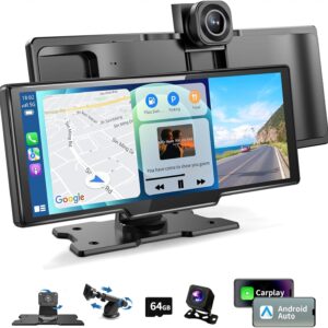 10.26" Portable Wireless Carplay/Auto Android Screen, 4K Dash Camera, GPS Navigation, AUX/FM (64GB SD Card)