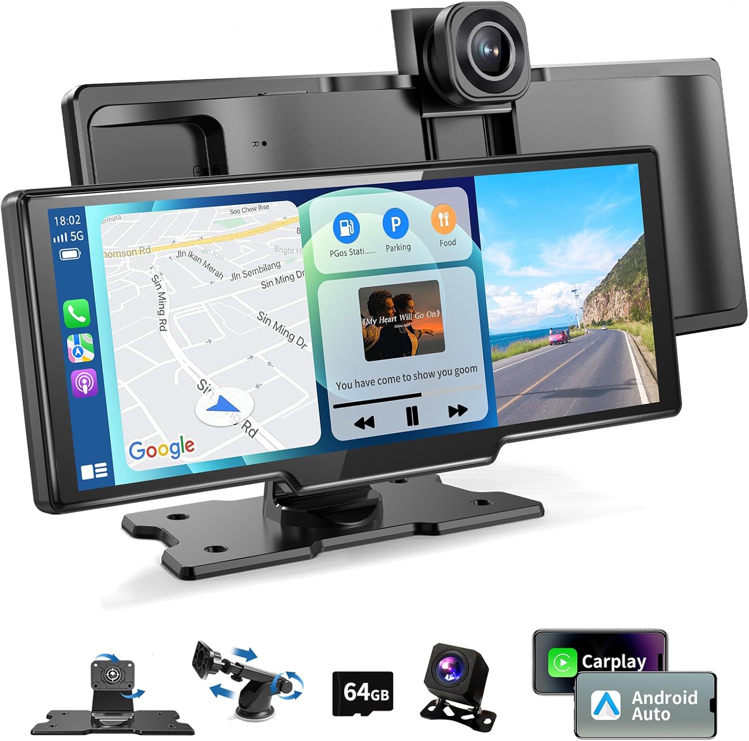 10.26" Portable Wireless Carplay/Auto Android Screen, 4K Dash Camera, GPS Navigation, AUX/FM (64GB SD Card)