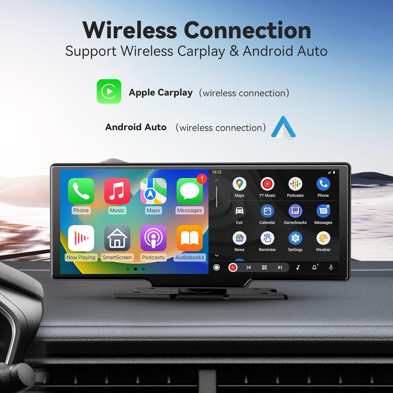 10.26" Portable Wireless Carplay/Auto Android Screen, 4K Dash Camera, GPS Navigation, AUX/FM (64GB SD Card) - Image 3