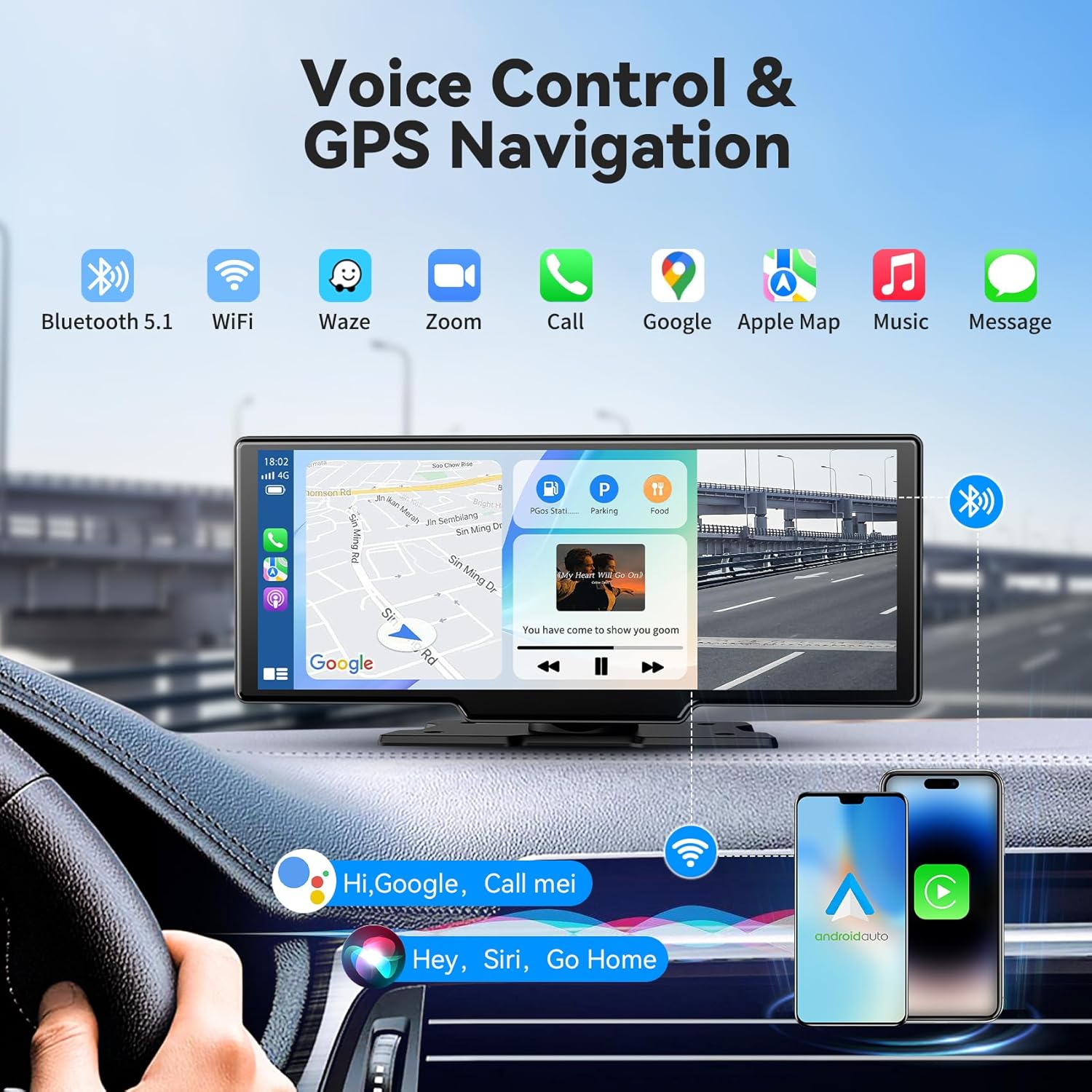 10.26" Portable Wireless Carplay/Auto Android Screen, 4K Dash Camera, GPS Navigation, AUX/FM (64GB SD Card) - Image 6