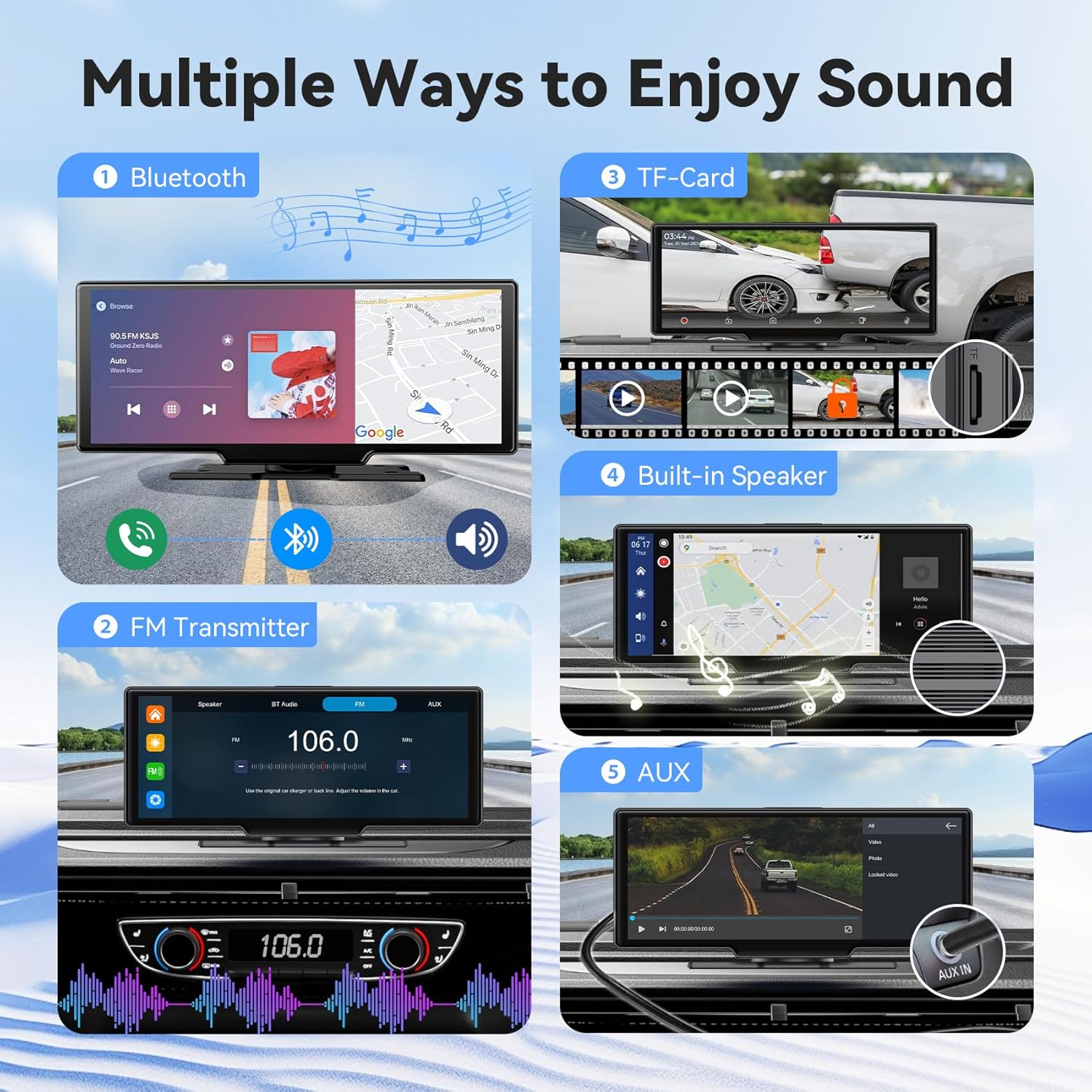 10.26" Portable Wireless Carplay/Auto Android Screen, 4K Dash Camera, GPS Navigation, AUX/FM (64GB SD Card) - Image 5