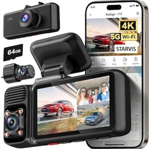 REDTIGER F17 4K 3 Channel Dash Cam 5.8GHz WiFi GPS with 64GB Card, 2160P+1080P+1080P Front and Rear Inside Loop Recording, Triple Car Camera with 3 inch Screen, IR Night Vision, WDR, Parking Mode